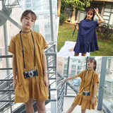 2016夏季新款韩版学院风宽松立领纯色短袖棉麻连衣裙女学生娃娃裙