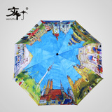 文竹 全自动创意八国油画雨伞男女士三折折叠艺术文艺抽象城市伞