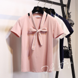 2016夏季新款韩版v领系带蝴蝶结短袖T恤两件套纯棉打底衫上衣女潮