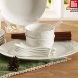 外贸欧式浮雕纯白陶瓷餐具46头白瓷汤碗餐碟盘子米饭碗套装玉骨瓷