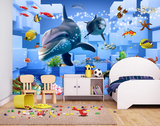 无缝壁画3D墙纸立体墙贴纸墙壁装饰沙发电视背景墙卧室贴画海豚