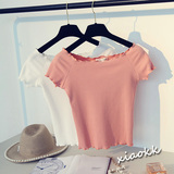 韩国代购夏季新款女修身木耳边一字领短款打底衫套头短袖T恤上衣
