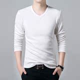 韩版男装 纯色V领男士长袖打底衫T恤修身棉加绒加厚套头衣服黑色