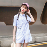 2016夏季韩版女装短袖连衣裙中长款条纹直筒衬衫街头印花欧美时尚