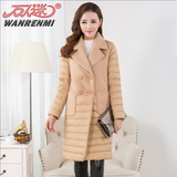 2015冬季新款韩版女装毛呢拼接中长款修身纯色羽绒服女西装领外套