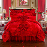 婚庆四件套大红刺绣1.8m床纯棉韩式蕾丝全棉床单式被套床盖裙床罩