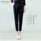 lucybaily2014纯色韩版时尚中腰细条纹长裤休闲秋装直筒西装裤女