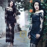 16年新款写真蕾丝长裙 名媛优雅法式修身露背复古黑色时装礼服