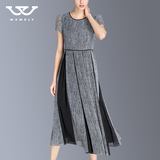 2016春装新款欧美中长裙 休闲显瘦气质条纹短袖连衣裙 时尚黑灰色