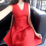2016夏装新款女装明星同款V领背心裙性感红色蓬蓬裙小礼服连衣裙