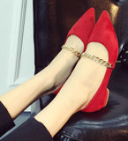 欧美时尚帅气金属链子低跟粗跟尖头浅口绒面通勤红色单鞋婚鞋女鞋