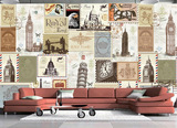 欧式复古建筑邮票大型壁画 埃菲尔铁塔怀旧墙纸 客厅背景墙壁纸