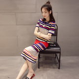 2016夏季韩版彩色条纹长裙女修身圆领短袖中长款高腰针织连衣裙