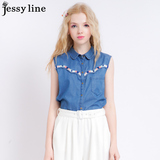 jessy line2016夏装新款 杰茜莱百搭拼接纯棉无袖牛仔衬衫 女衬衣
