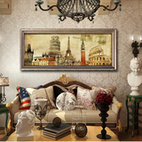 欧洲复古建筑风景装饰画 客厅卧室横幅有框画 欧美式墙壁挂画做旧
