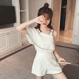 精品2016夏季女装韩版个性潮流单肩吊带设计假两件雪纺套装