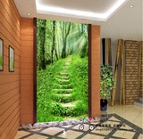 大型壁画壁纸客厅玄关过道背景墙纸 绿色护眼绿梯阳光森林风景