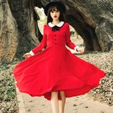 2016春款修身显瘦复古优雅vintage赫本风红色连衣裙娃娃领长裙