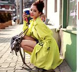 韩国2016春秋新款东大门女装糖果色双排扣系带中长款修身风衣外套