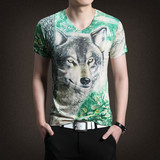 短袖T恤V领狼图案个性3D印花体恤薄款2016夏装韩版青年潮流半袖男
