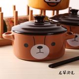 包邮双耳带盖泡面碗 韩日式小熊汤碗带筷勺 烤箱烘焙烤碗陶瓷饭碗