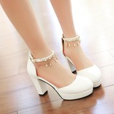 夏季韩版白色小清新包头高跟凉鞋粗跟防水台百搭水钻脚链公主女鞋
