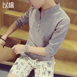 夏装潮流立领男士五分袖T恤韩版青年修身亚麻中袖体恤棉麻上衣服