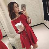 韩国东大门时尚一字领露肩针织衫收腰修身长袖红色连衣裙女秋季潮