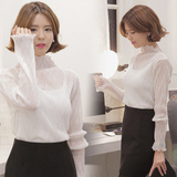 韩国代购2016春装荷叶领透明性感透视装内搭蕾丝打底衫女中长款