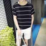 短袖男夏季新款潮流圆领男士雪纺短袖T恤韩版简约条纹半袖打底衫