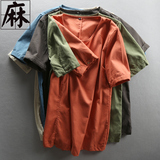 夏季男士休闲亚麻T恤棉麻短袖复古中国风套头麻布衬衣修身麻衬衫