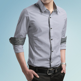 秋季男士长袖衬衫纯棉修身薄款商务休闲男装时尚青年拼接纯色衬衣