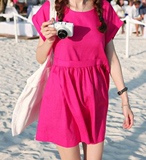 韩国大东门同款海边沙滩度假连衣裙夏玫红色时尚大码宽松a字裙女