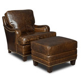 美式真皮单人椅沙发椅子单人 卧室带脚凳实木脚牛皮单椅特价包邮