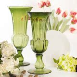 欧式绿色透明玻璃花瓶 现代时尚花器 小浮雕餐桌花插摆件