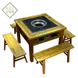 实方形茶青色大理石仿古高档火锅桌桌凳仿古做旧老火锅电磁炉桌子