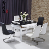 华人顾家 现代简约白色钢琴烤漆餐桌 钢化玻璃可自己伸缩圆桌餐桌