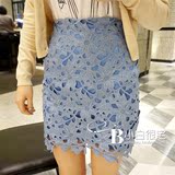 2016新款女装夏装 韩国代购勾花镂空蓝色包臀蕾丝短裙半身裙