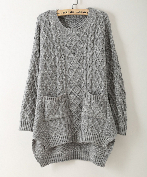 韩国东大门灰色麻花双口袋宽松圆领套头两边开叉前短后长毛衣女