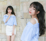 2016新款限量自制日韩夏装新款学生少女感背心露肩条纹衬衫假两件