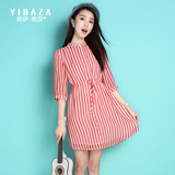 红色条纹衬衣雪纺裙 2016韩版夏装新款立领俏皮减龄修身衬衫裙子
