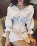 韩版可爱清新收腰娃娃衫七分袖高腰白色衬衫女2016夏装新款9127