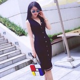 香港代购夏季新款女装韩版通勤气质超显瘦修身针织V领背心连衣裙