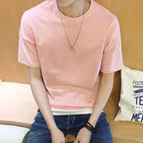 夏季新品港仔男装韩版修身小清新拼色短袖个性假两件圆领宽松T恤