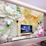 家和富贵3D中式牡丹玉雕客厅电视背景墙壁纸 无缝无纺布墙纸壁画