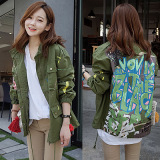 minsshop韩国代购秋装新款涂鸦图案军绿工装大码中长款外套夹克女