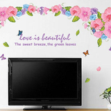 床头沙发田园唯美粉色喇叭花 蓝色花朵 蝴蝶电视墙贴纸 装饰贴纸