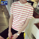 夏季新款男士短袖T恤男圆领条纹半袖韩版修身青少年学生体桖潮男