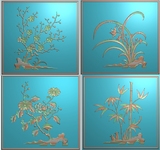 精雕浮雕雕刻图 四季花屏风1  梅兰菊竹 精品梅