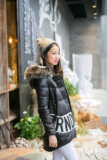2015冬欧洲站韩版修身显瘦中长款貉子毛领字母印花羽绒服女潮外套